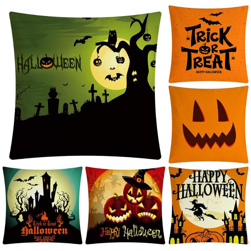 Originality Colourful Happy Halloween Cushion Case Strong Practicability Easy to Clean Pumpkin Castle Pattern Throw Pillow Cover - ebowsos