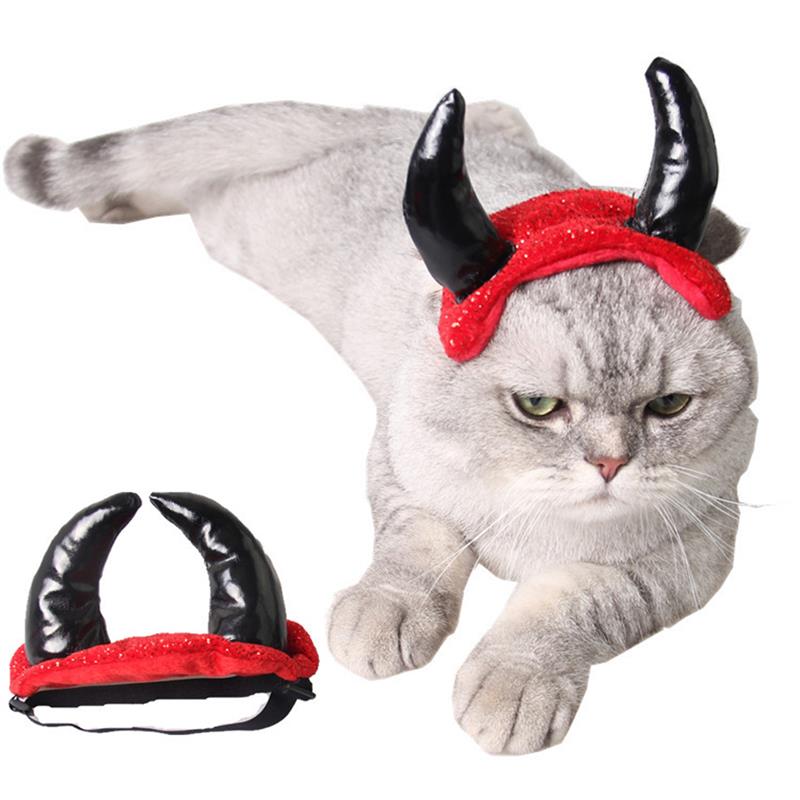 Ox Horn Cap for Cat Vampire Devil Horn Hat Small Dogs Pet Cosplay Headwear Teddy Scottish Halloween Cats Accessories-ebowsos