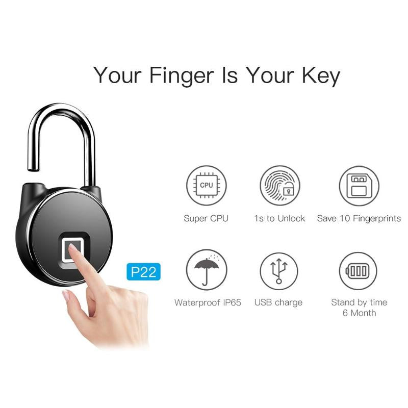 P22 USB Rechargeable Smart Keyless Fingerprint Lock IP65 Waterproof Anti-Theft Security Padlock Door Luggage Case Lock Promotion - ebowsos