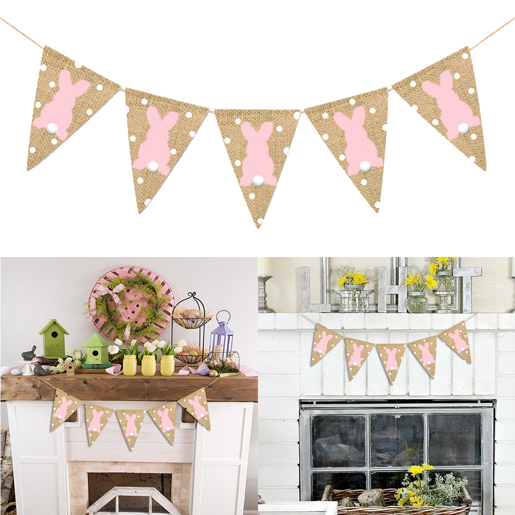 Party Decoration Flag Easter Bunny Pull Flag Wave Point Linen Swallowtail Pennant Easter Flag Family Party Decoration Supplies-ebowsos