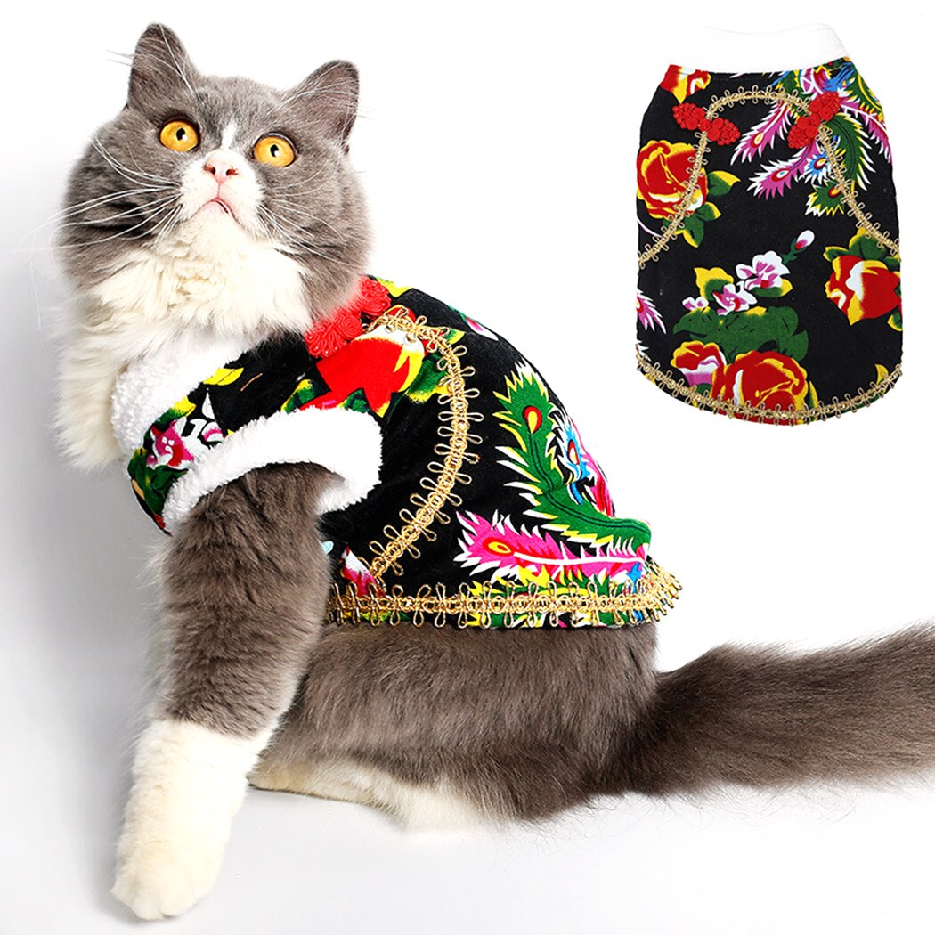 Pet Cat Winter Clothes Kittens Outfit Vest Warm Cat Floral Printed Clothes For Small Cat Pets Jacket Coat Padded Apparel-ebowsos