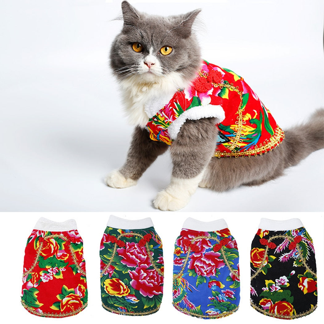 Pet Cat Winter Clothes Kittens Outfit Vest Warm Cat Floral Printed Clothes For Small Cat Pets Jacket Coat Padded Apparel-ebowsos