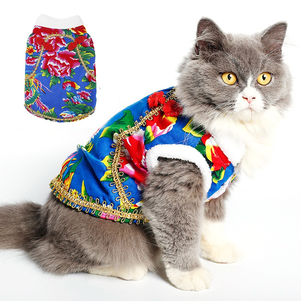 Pet Cat Winter Clothes Kittens Outfit Vest Warm Cat Floral Printed Clothes For Small Cat Pets Jacket Coat Padded Apparel-ebowsos