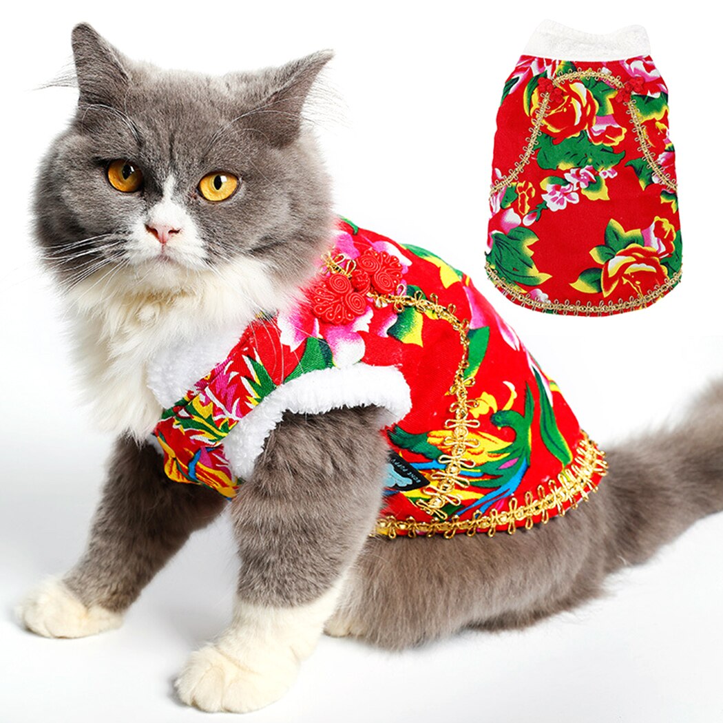 Pet Cat Winter Clothes Kittens Outfit Vest Warm Cat Floral Printed Clothes For Small Cat Pets Jacket Coat Padded Apparel-ebowsos