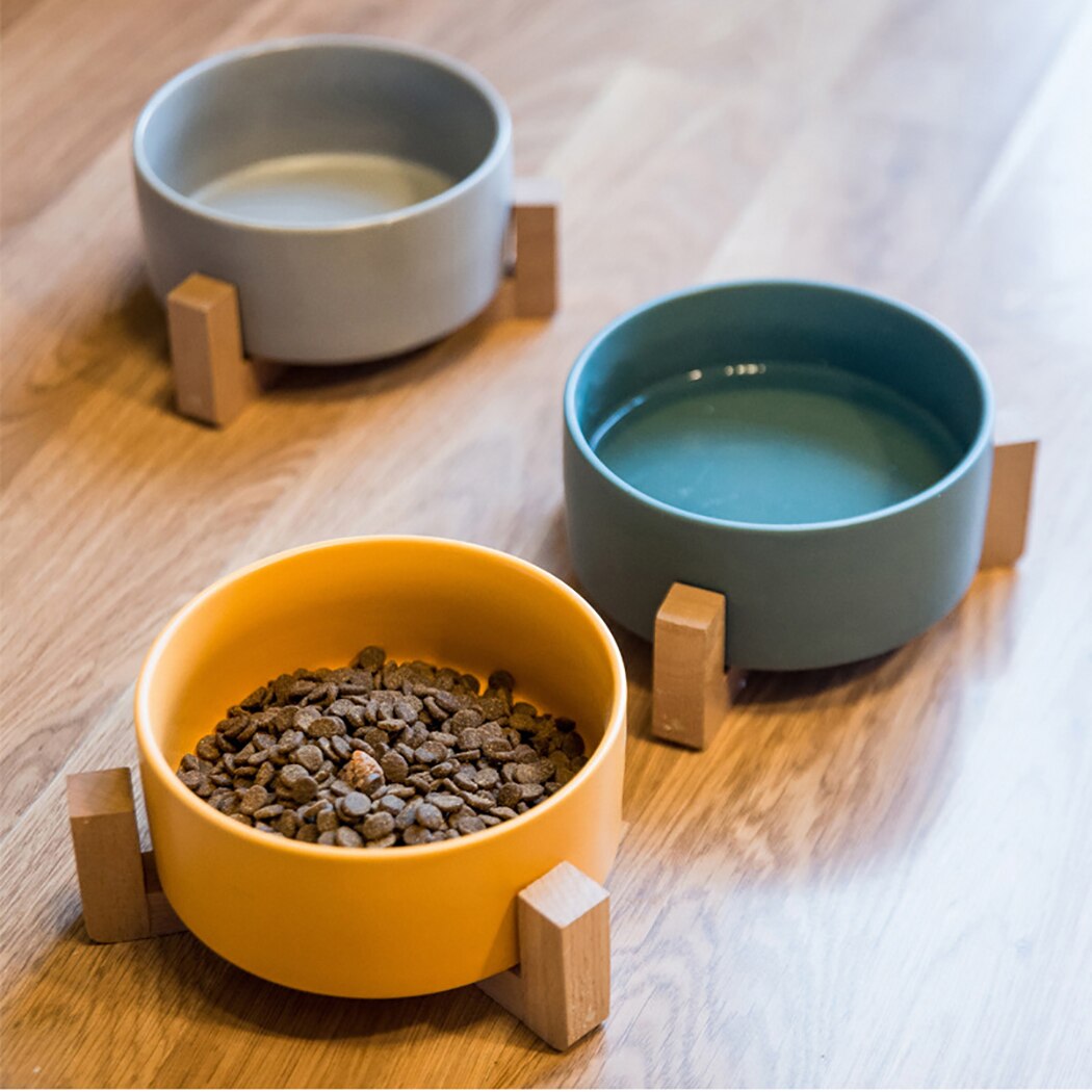 Pet Ceramic Bowls With Non-Slip Wooden Stand Pet Food Water Bowl For Cats Dogs Pet Feeder Cat Dog Feeding Supplies New Arrive-ebowsos