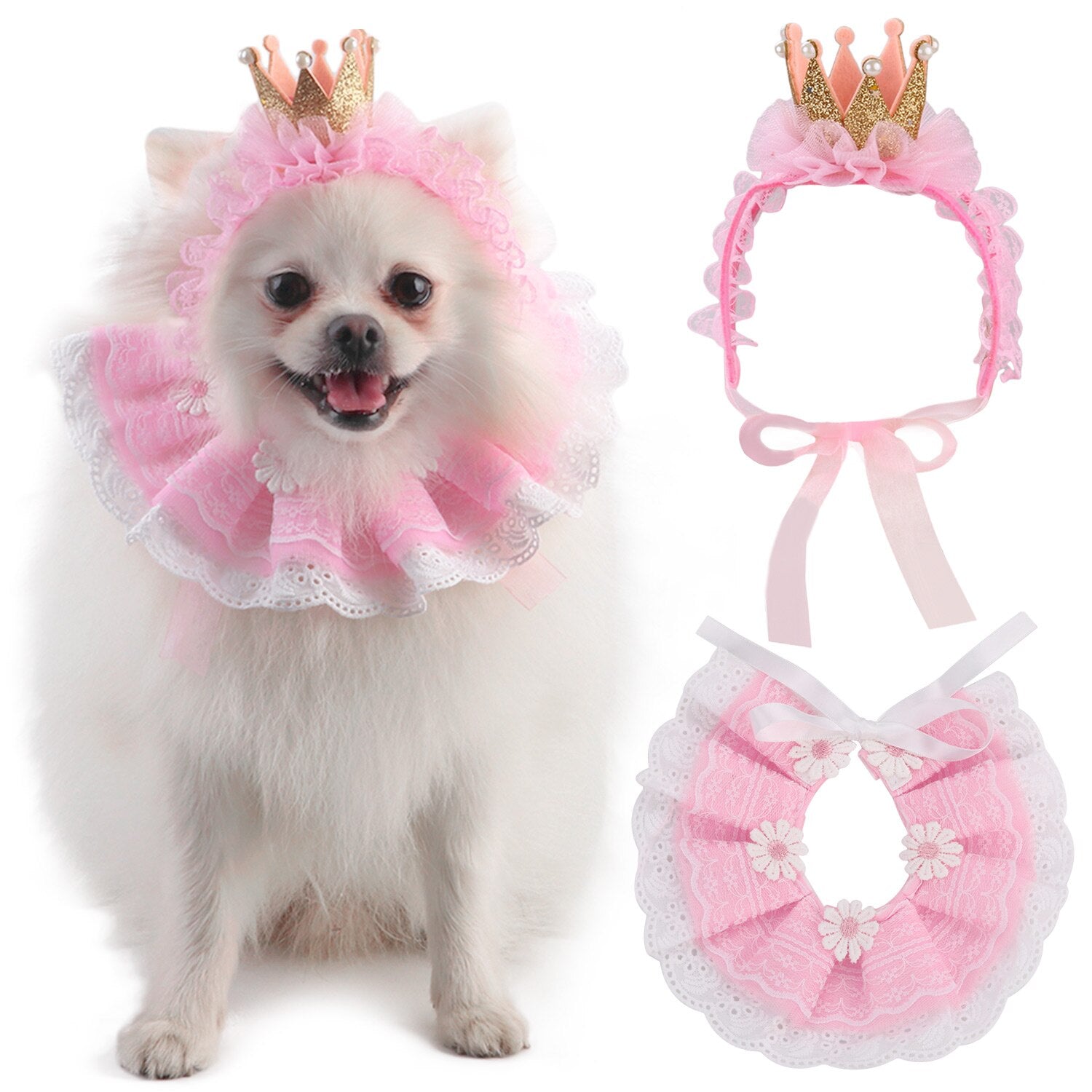 Pet Hat Decorative Cute Crown Lace Pet Headband Pet Costume Hat With Cat Bib Clothing Accessories Pet Dress Up For Party-ebowsos