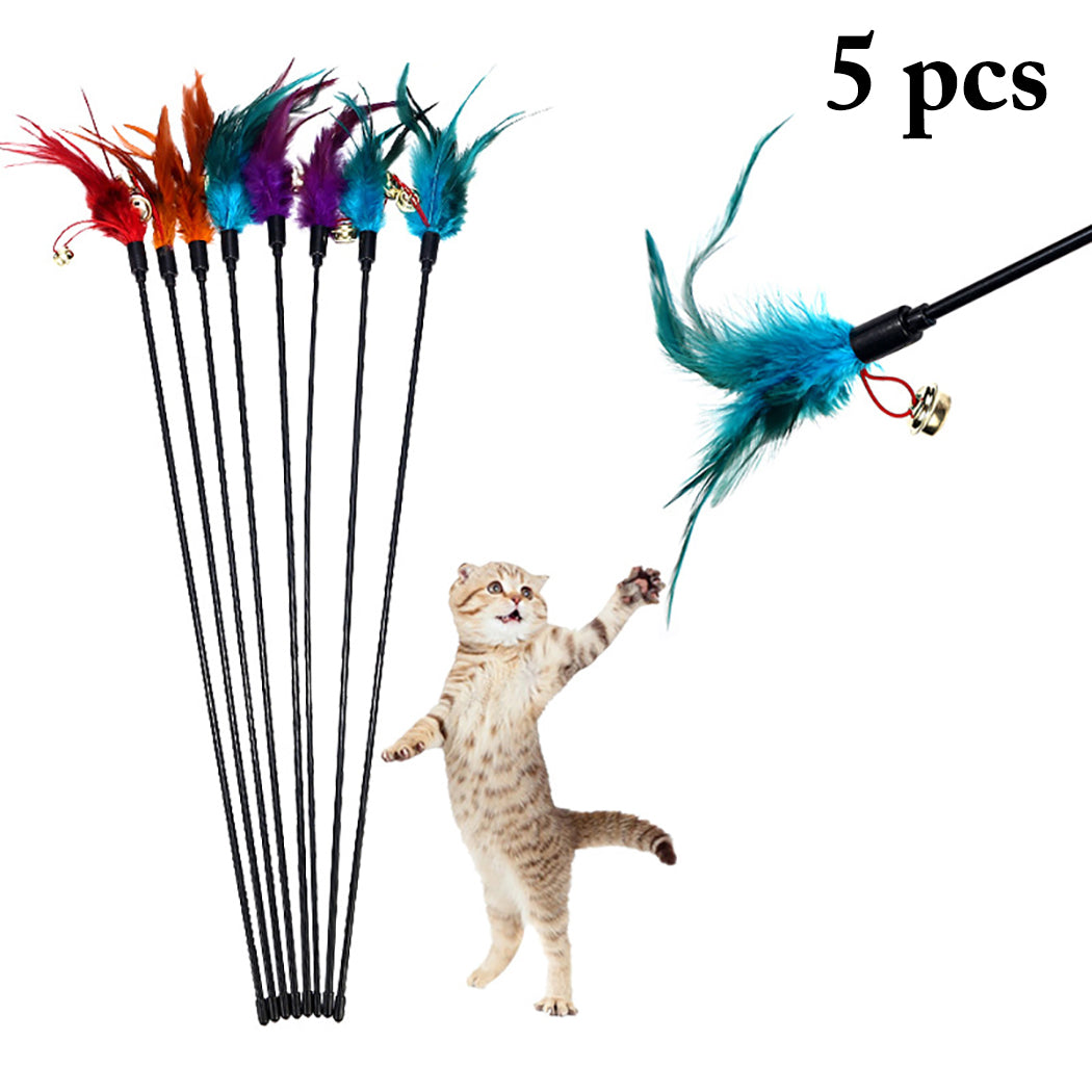 Pet Interactive Toy Supplies 5Pcs New Bell Feathers Funny Cat Interactive Toys Black Poles Feather Pet Toys Color Random-ebowsos