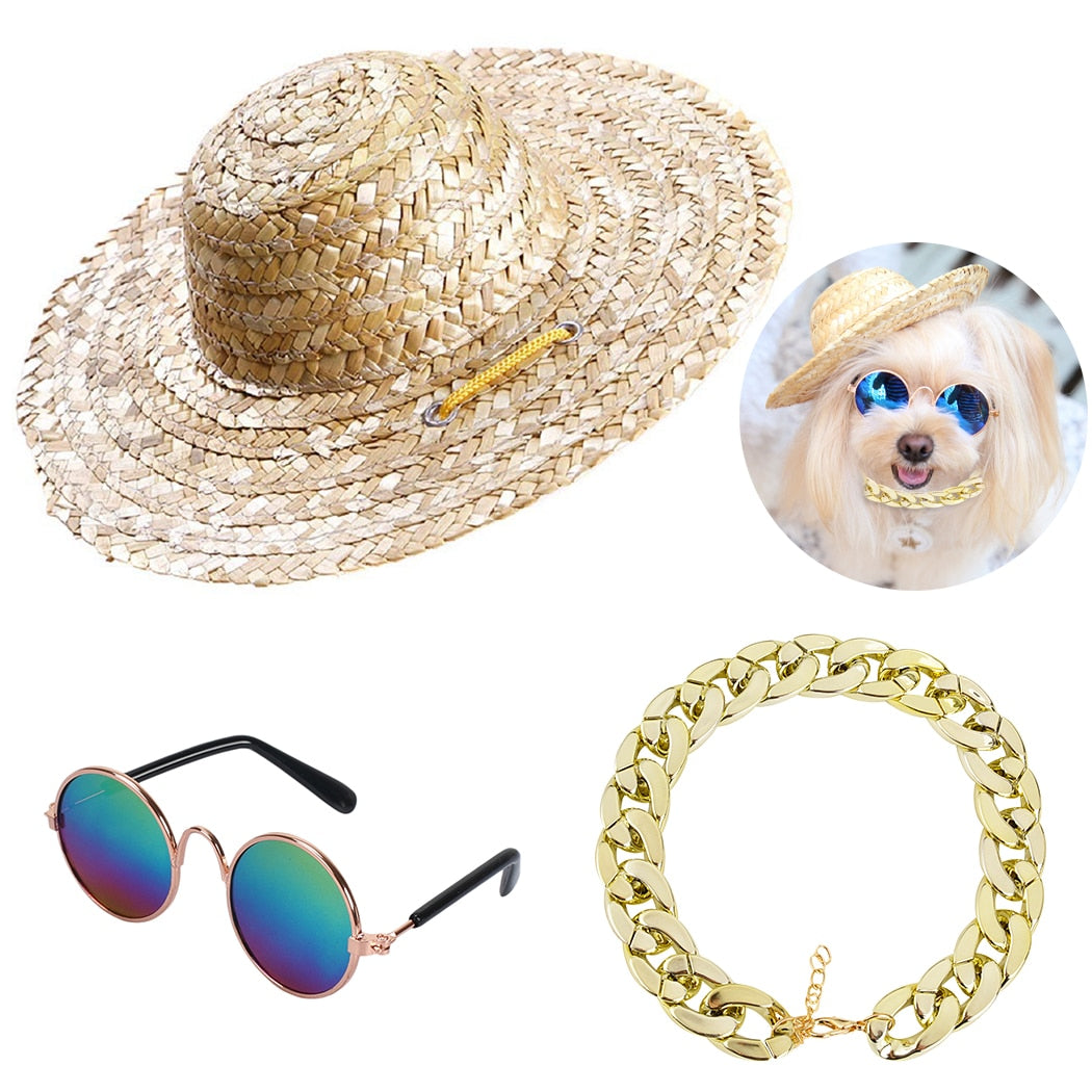 Pet Jewelry Set Dog Straw Hat Fashion Straw Adjustable Pet Hat Dog Hat With Sunglasses Necklace Pet Clothing Accessories Set-ebowsos