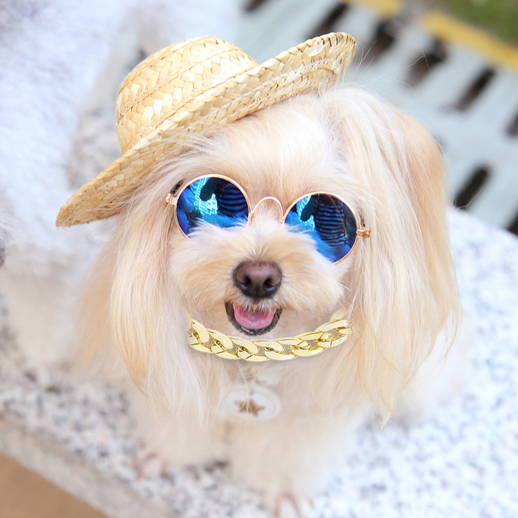 Pet Jewelry Set Dog Straw Hat Fashion Straw Adjustable Pet Hat Dog Hat With Sunglasses Necklace Pet Clothing Accessories Set-ebowsos