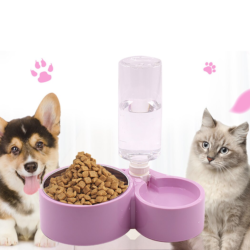 Pet Slip Proof Feeding Apparatus Double Bowl Cat Dog Food Tray Water Bowls Removable Water Bottles Food Bowl 2 In 1 Dog Feeder-ebowsos