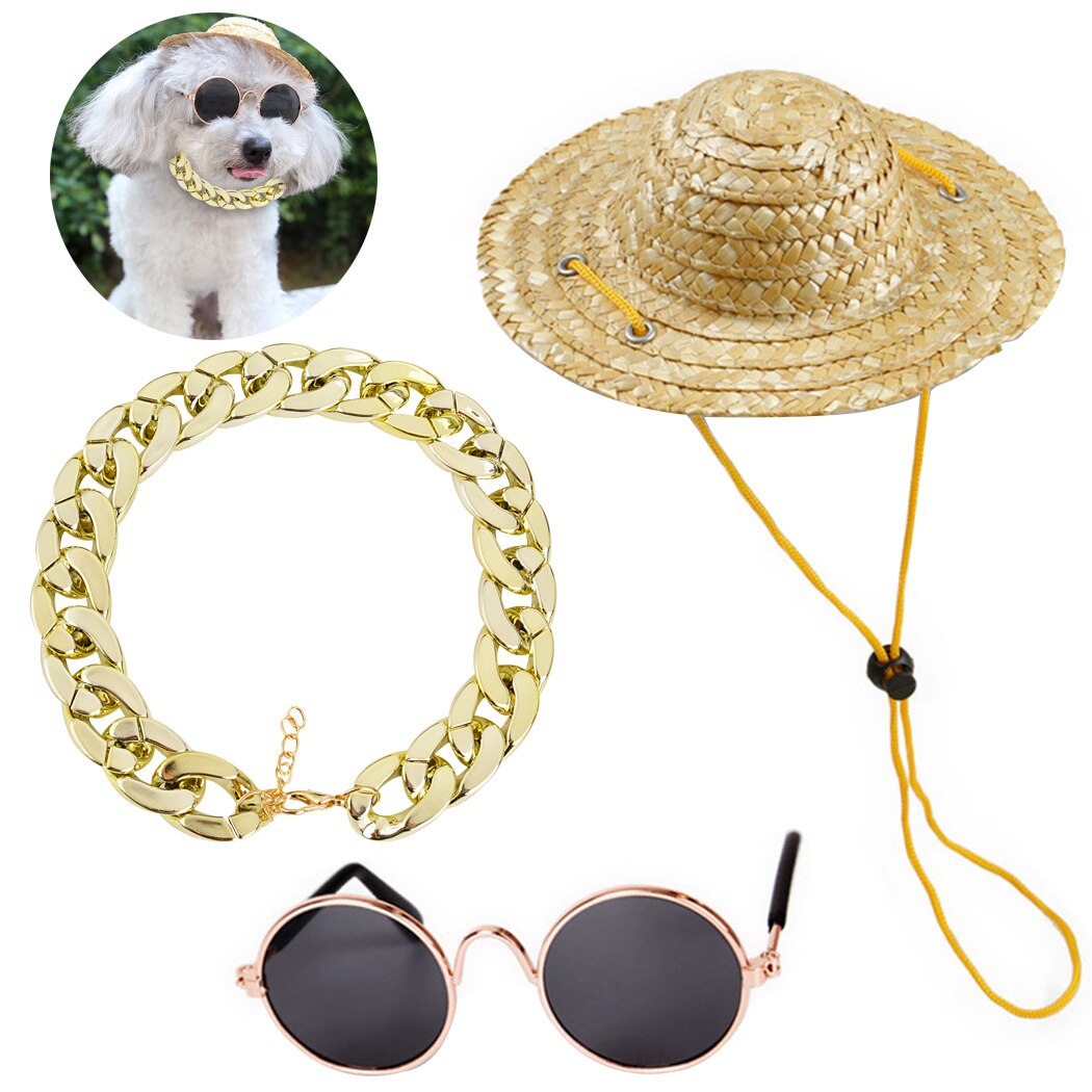 Pet Sunglasses Jewelry Set Fashion Metal Cat Sunglasses Pet Glasses With Necklace And Hat Pet Clothing Accessories Set-ebowsos