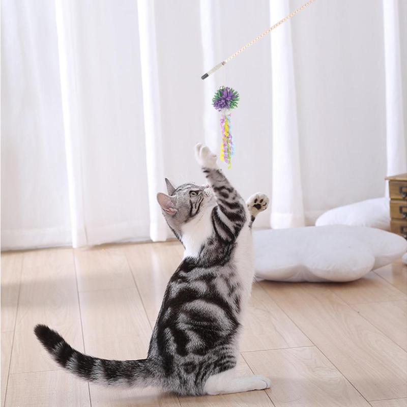 Pets Cats Toy Plastic Ball Pendant Teasing Rod Teaser Wand Toys for Cat Scratch Interactive Stick Feather Ribbon Cat Supplies - ebowsos