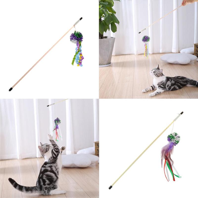 Pets Cats Toy Plastic Ball Pendant Teasing Rod Teaser Wand Toys for Cat Scratch Interactive Stick Feather Ribbon Cat Supplies - ebowsos