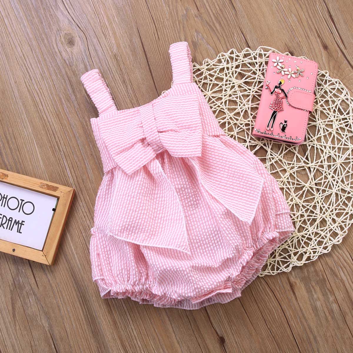 Pink Newborn Kids Baby Girls Bow Bodysuit  Jumpsuit Outfits Summer Clothes - ebowsos