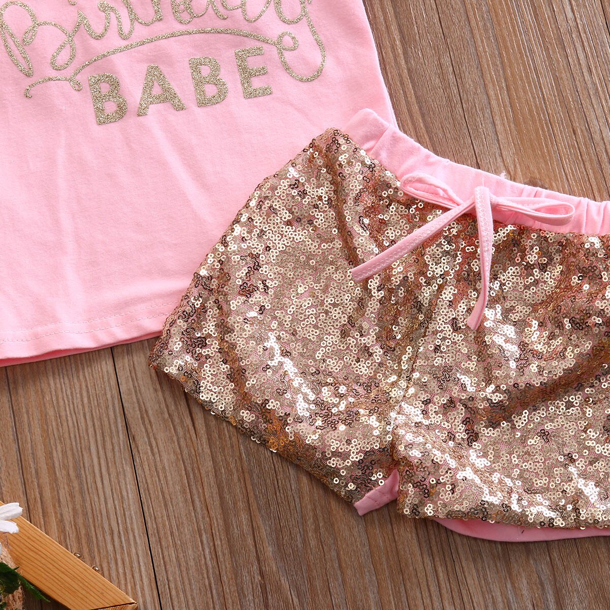 Pink buthday Newborn Kids Baby Girls Outfit Clothes T-shirt Tops+Sequin Pants Shorts 2PCS Set - ebowsos