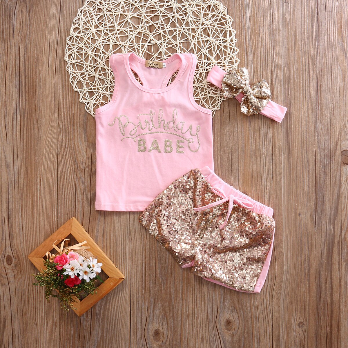 Pink buthday Newborn Kids Baby Girls Outfit Clothes T-shirt Tops+Sequin Pants Shorts 2PCS Set - ebowsos