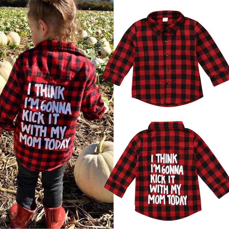 Plaid Fashion Baby Kids Boy Girl Long Sleeve Back Letter Print Check Blusa t shirt Tee Tops Clothes - ebowsos