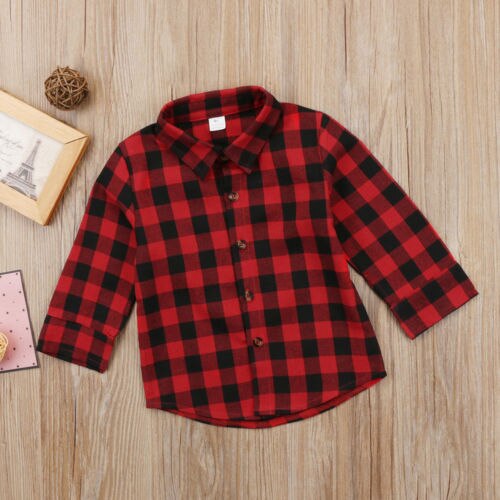 Plaid Fashion Baby Kids Boy Girl Long Sleeve Back Letter Print Check Blusa t shirt Tee Tops Clothes - ebowsos