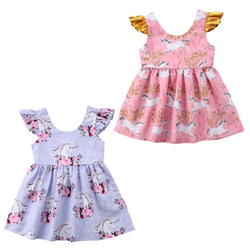 Pretty Children Dresses New Kids Baby Girls Unicorn Pattern Dress Summer Fly sleeve Princess Party Dresses Pageant Sundress - ebowsos