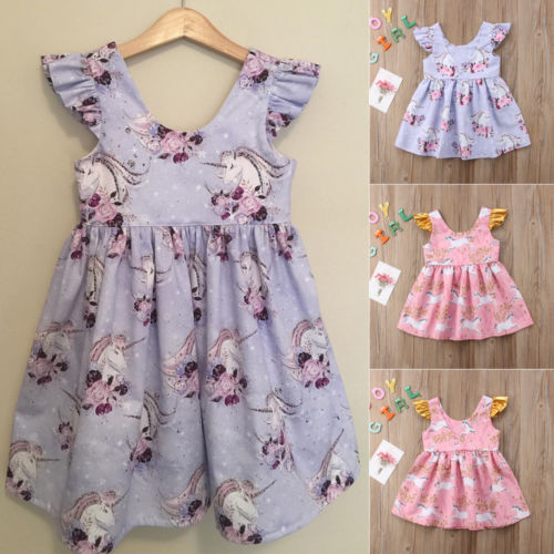 Pretty Children Dresses New Kids Baby Girls Unicorn Pattern Dress Summer Fly sleeve Princess Party Dresses Pageant Sundress - ebowsos