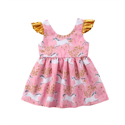 Pretty Children Dresses New Kids Baby Girls Unicorn Pattern Dress Summer Fly sleeve Princess Party Dresses Pageant Sundress - ebowsos