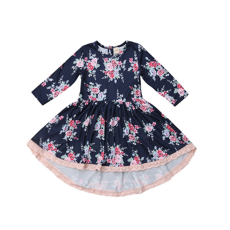 Pretty Princess Kids Baby Girl Lace Floral Party Dress Long Sleeve O-Neck Irregular Wedding Pleated Dresses Sets 1-6Y - ebowsos