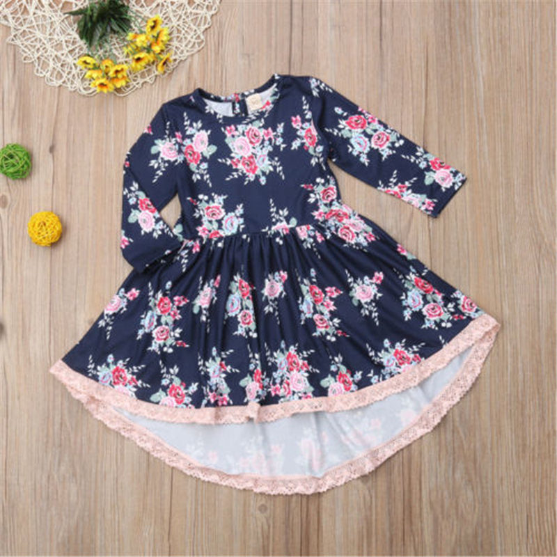 Pretty Princess Kids Baby Girl Lace Floral Party Dress Long Sleeve O-Neck Irregular Wedding Pleated Dresses Sets 1-6Y - ebowsos