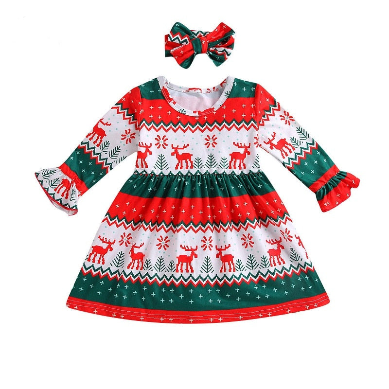 Pretty Toddler Kids Baby Girl Clothes Christmas Party Outfits Girls Elk Long Flare Sleeve Princess Dresses Headband 3M-4Y - ebowsos