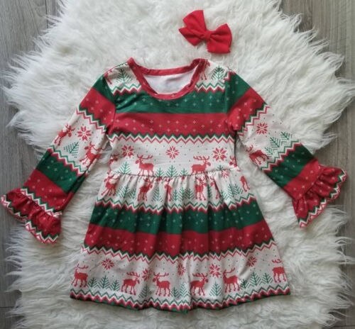 Pretty Toddler Kids Baby Girl Clothes Christmas Party Outfits Girls Elk Long Flare Sleeve Princess Dresses Headband 3M-4Y - ebowsos