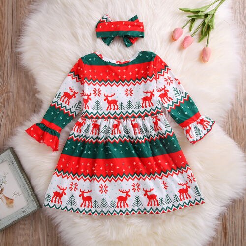 Pretty Toddler Kids Baby Girl Clothes Christmas Party Outfits Girls Elk Long Flare Sleeve Princess Dresses Headband 3M-4Y - ebowsos