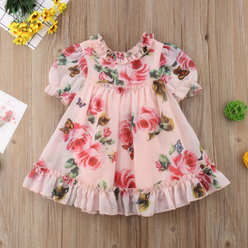 Princess Girl Floral Tulle Dress Kid Baby Girl Flower Puff Sleeve Princess Wedding Party Pageant Chidlren Tulle Sundress - ebowsos