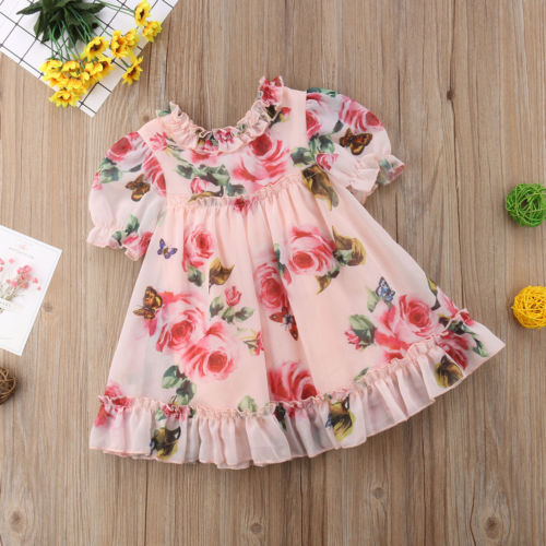 Princess Girl Floral Tulle Dress Kid Baby Girl Flower Puff Sleeve Princess Wedding Party Pageant Chidlren Tulle Sundress - ebowsos