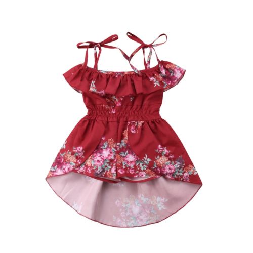 Princess Girl Red Floral Ruffle Dress Summer Baby Kid Girl Off Shoulder Romper Jumpsuit Dress Toddler Outfit Children Sundress - ebowsos