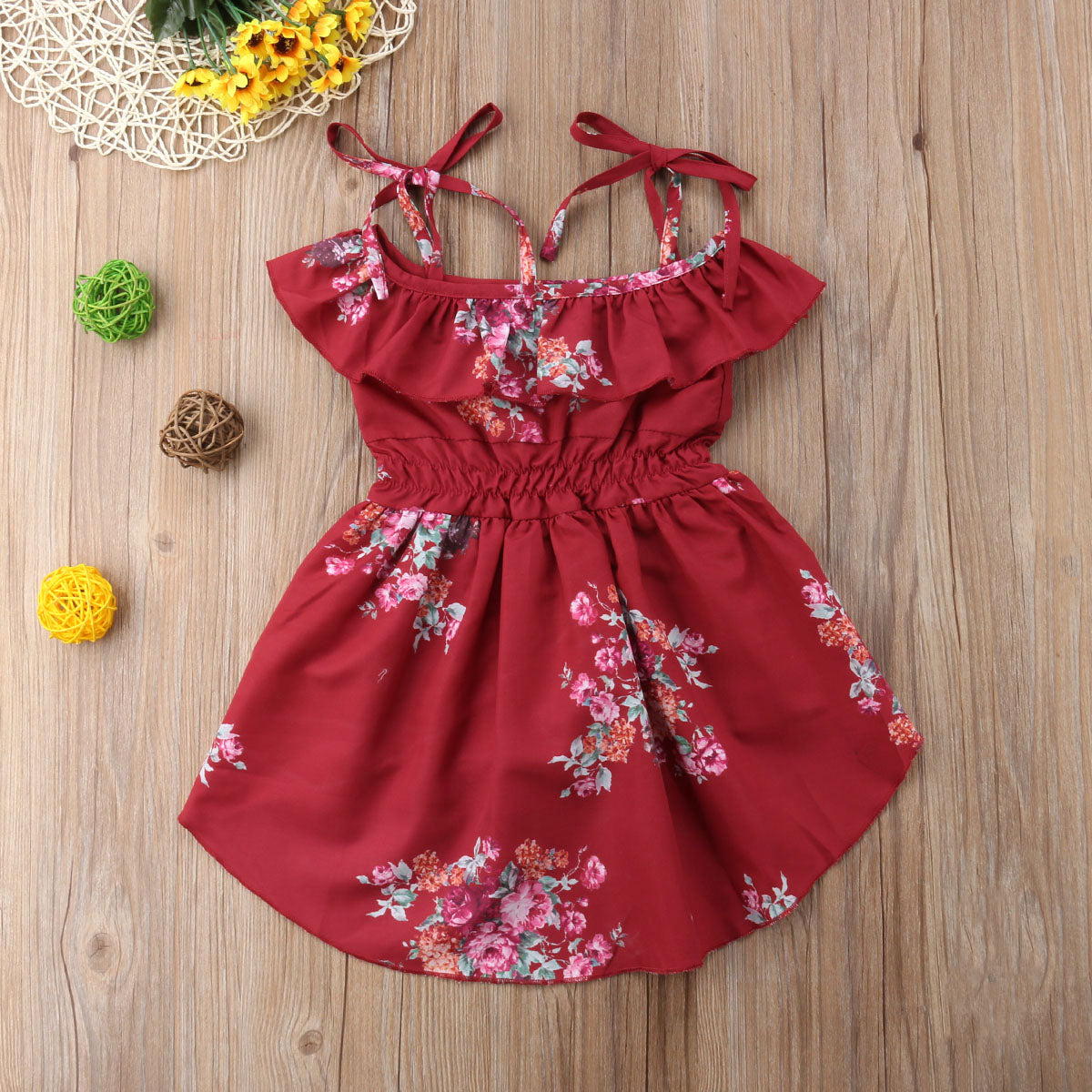 Princess Girl Red Floral Ruffle Dress Summer Baby Kid Girl Off Shoulder Romper Jumpsuit Dress Toddler Outfit Children Sundress - ebowsos