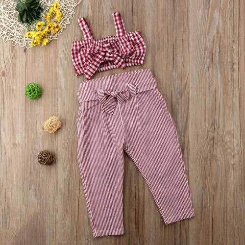 Princess Kids Baby Girl Clothing Plaid Crop Top Vest Long Pants Plaid Bow Cotton Casual Outfits Set Clothes Girls 2-7T - ebowsos