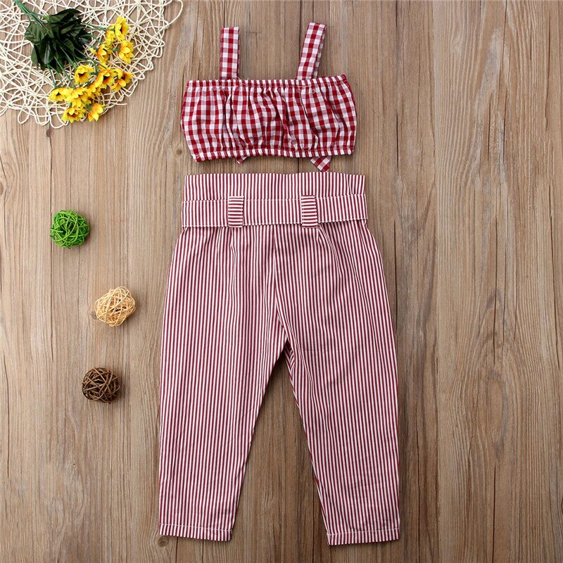 Princess Kids Baby Girl Clothing Plaid Crop Top Vest Long Pants Plaid Bow Cotton Casual Outfits Set Clothes Girls 2-7T - ebowsos