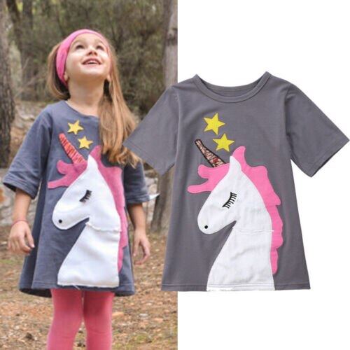 Princess Kids Baby Girls Cotton Clothes Sundress Unicorn T-shirt Tees - ebowsos