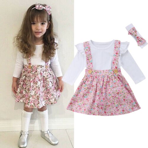 Princess Newborn Baby Girl Top Floral Bib Strap Tutu Dress 3Pcs Party Clothes - ebowsos