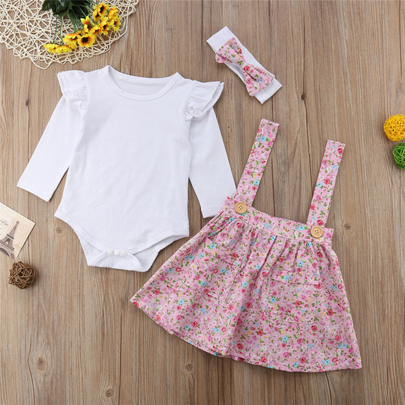 Princess Newborn Baby Girl Top Floral Bib Strap Tutu Dress 3Pcs Party Clothes - ebowsos