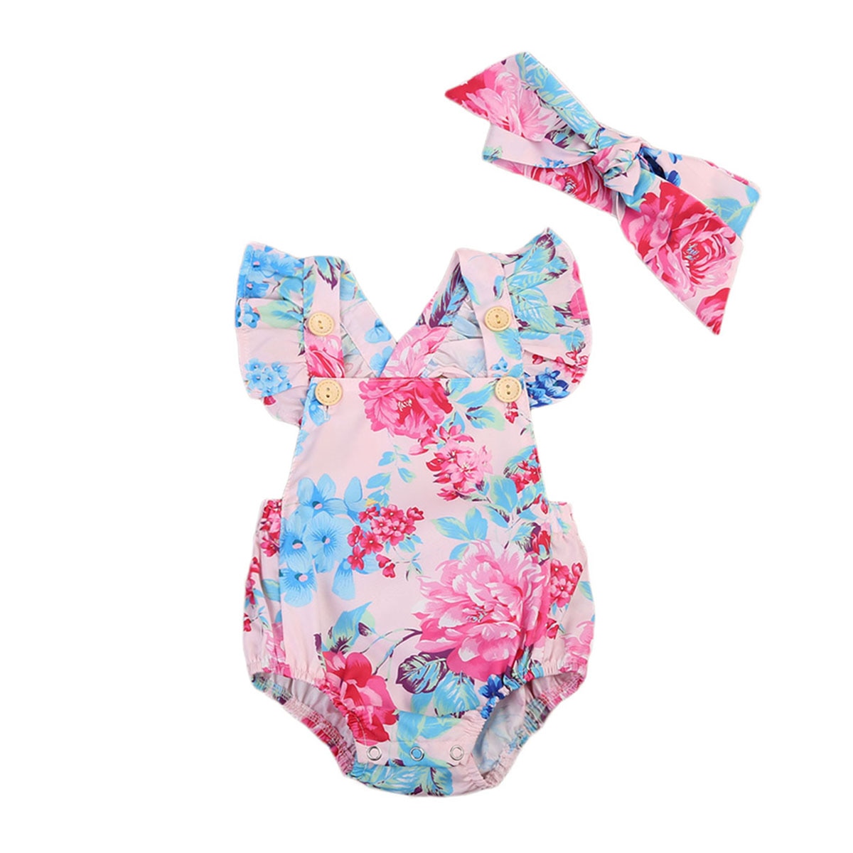 Print Toddler Newborn  Baby Girls Floral Romper  Jumpsuit Headband Outfits Sunsuit Set - ebowsos