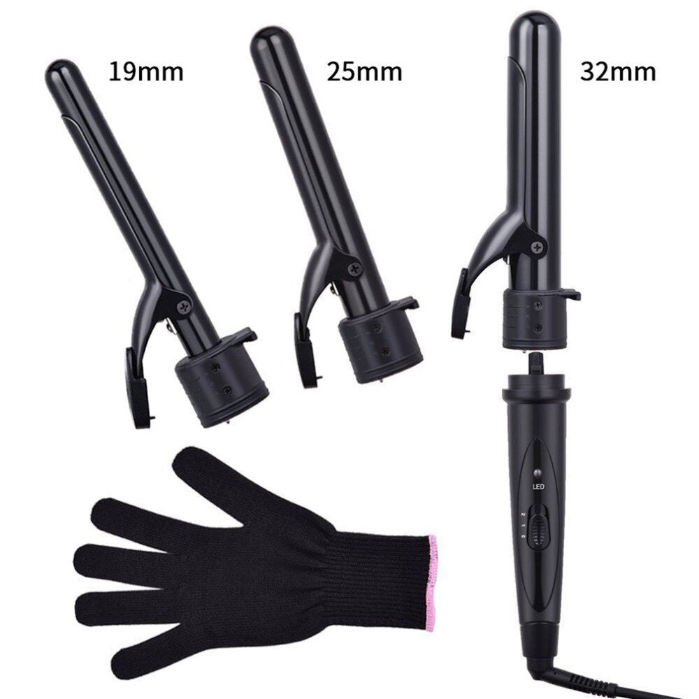 Pro 3 Part Interchangeable Hair Curling Iron Machine Ceramic Hair Curler Multi-size Roller Heat Resistant Glove Styling Set - ebowsos