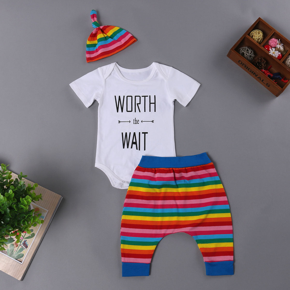 Rainbow 3pcs Newborn Infant Kids Baby Boy Girl Romper Tops+Pants+Hat Outfit Set - ebowsos