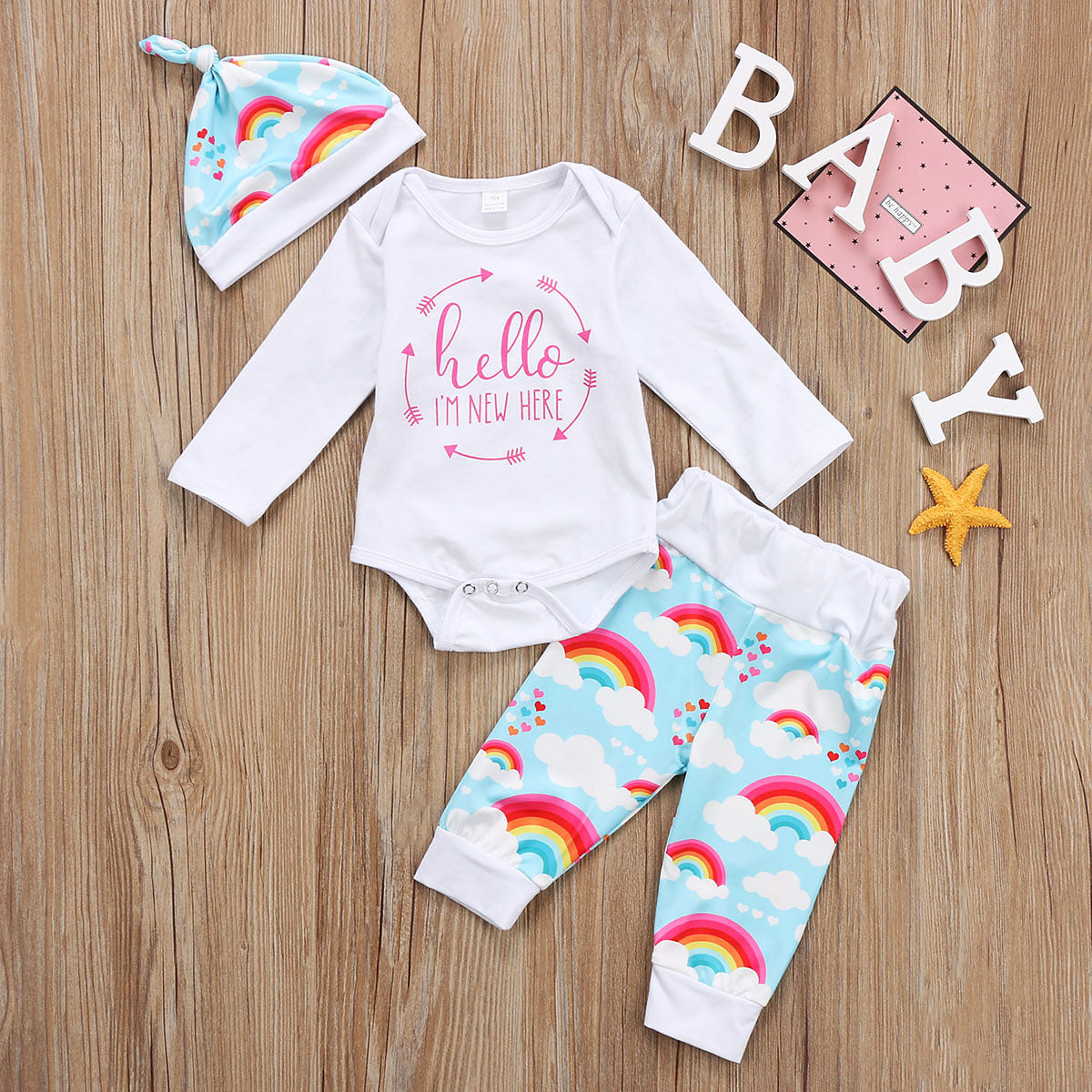 Rainbow Newborn Baby Girls Boys Outfit Set Clothes Long Sleeve Jumpsuit Bodysuit+Long Pants Hat - ebowsos