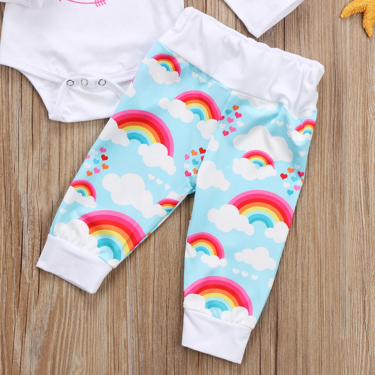 Rainbow Newborn Baby Girls Boys Outfit Set Clothes Long Sleeve Jumpsuit Bodysuit+Long Pants Hat - ebowsos