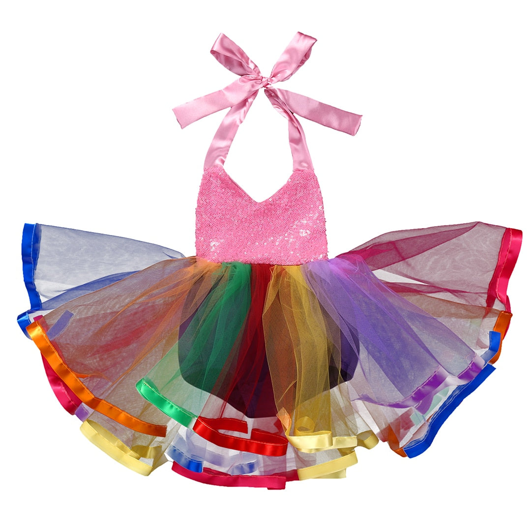 Rainbow dress Toddler Baby Girls Kids Sequins Princess Party Wedding Formal Tutu Romper Dress - ebowsos