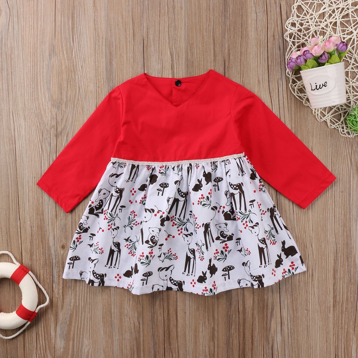 Red Cartoon Cute Christmas Toddler Girls Kids Reindeer Beauty Xmas Long Sleeve Party Dress Floral Dress Princess Dress - ebowsos