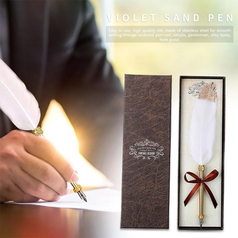 Retro White Feather Dip Pen Business Signature Pens w/Gift Box Stationery Gifts for Birthday Couples Elders Teachers Wholesale - ebowsos