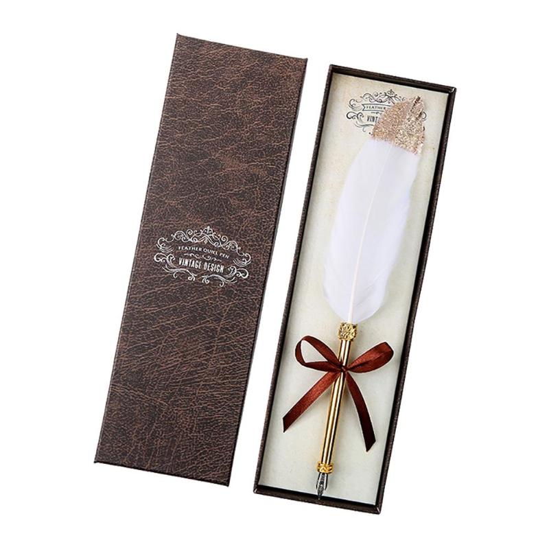 Retro White Feather Dip Pen Business Signature Pens w/Gift Box Stationery Gifts for Birthday Couples Elders Teachers Wholesale - ebowsos