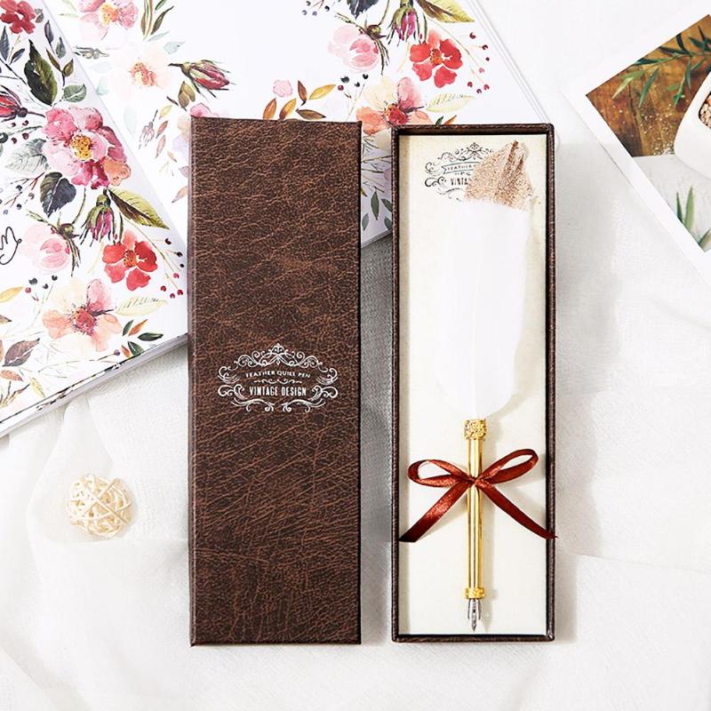 Retro White Feather Dip Pen Business Signature Pens w/Gift Box Stationery Gifts for Birthday Couples Elders Teachers Wholesale - ebowsos