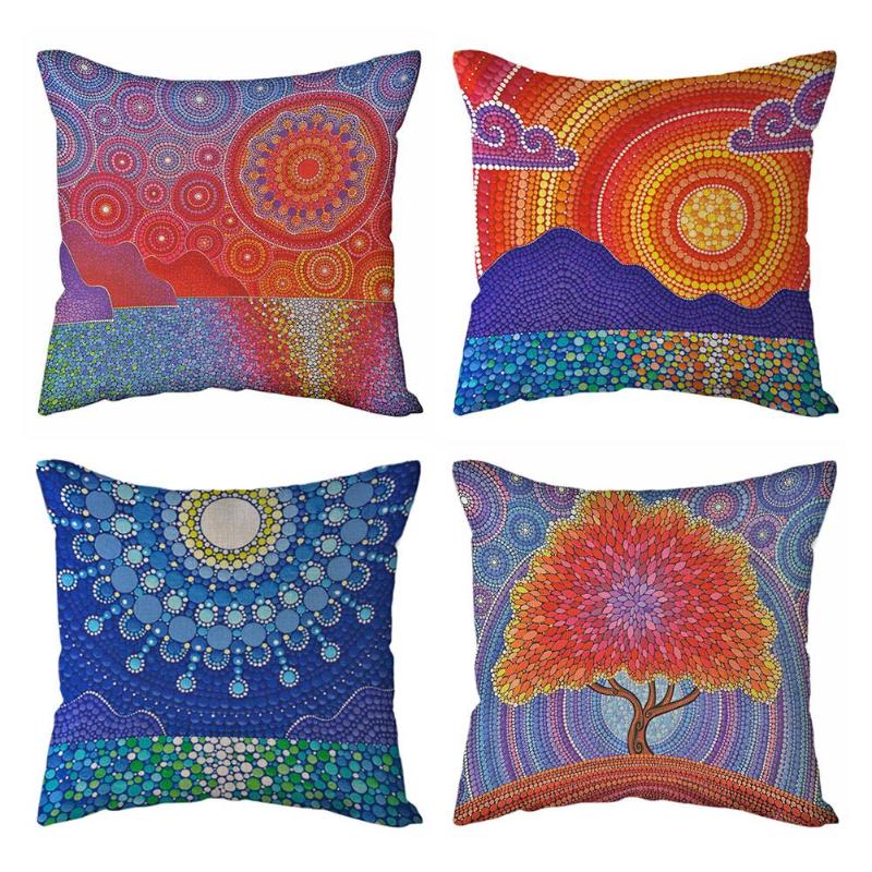 Round Pattern Printed Linen Throw Pillow Case Sofa Car Waist Cushion Cover - ebowsos